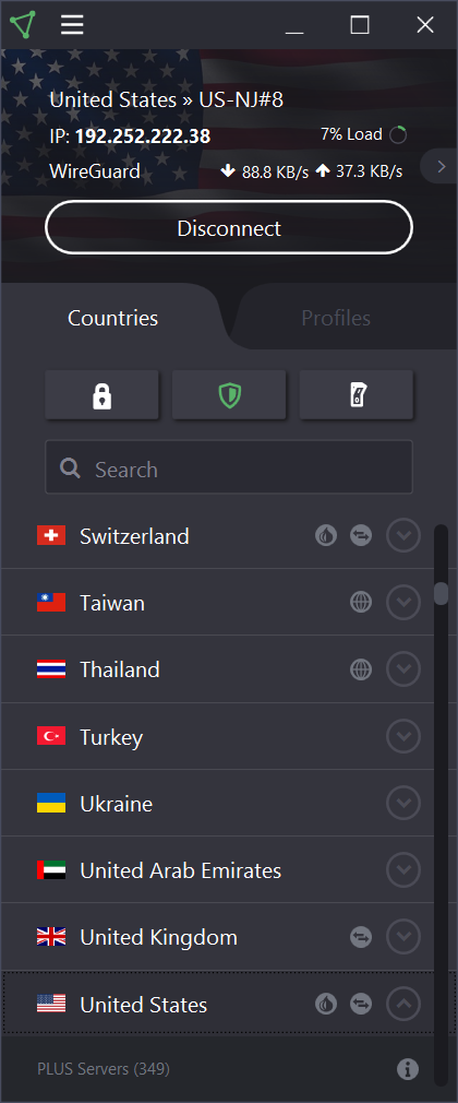 ProtonVPN without the map showing similar to a  smartphone interface