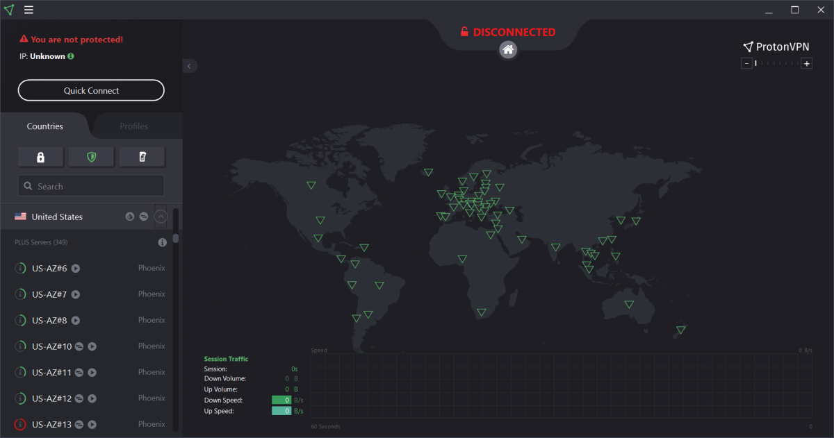 ProtonVPN listing some of the US servers