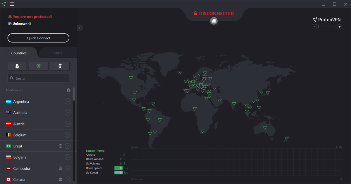 Interfaz ProtonVPN sin conexión activa