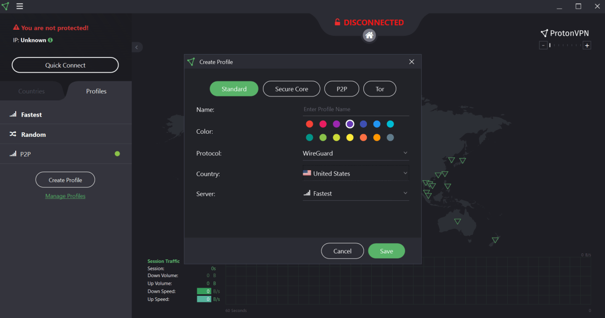 ProtonVPN showing the options to create a new profile