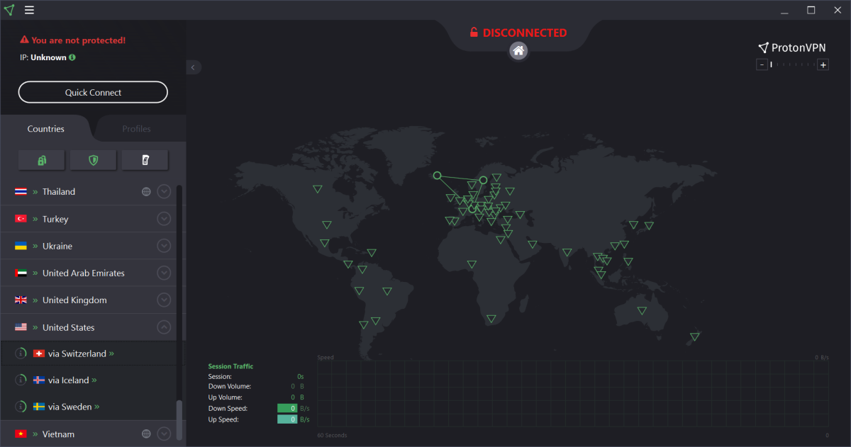 ProtonVPN displaying secure core options