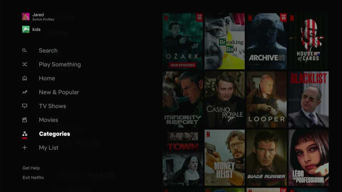 Netflix's Categories menu in the sidebar