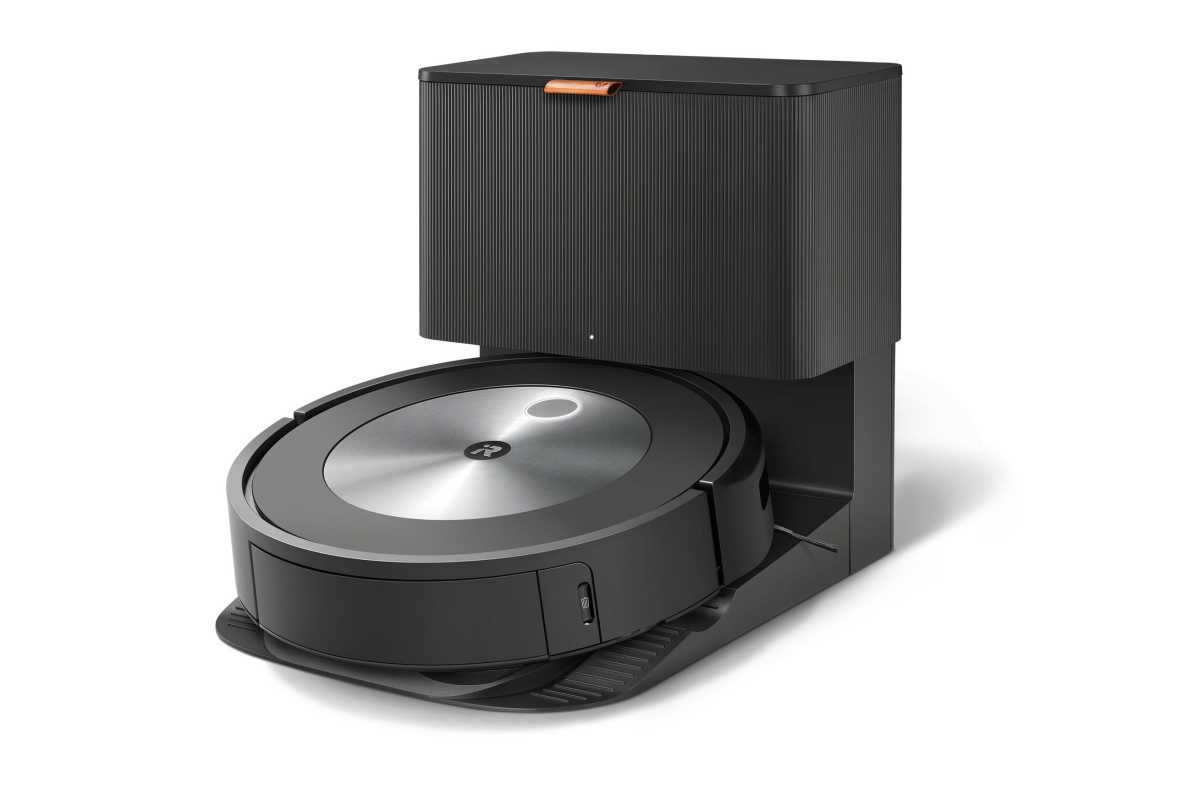 Roomba j7+ robot vacuum cleaner on its self-emptying charging base