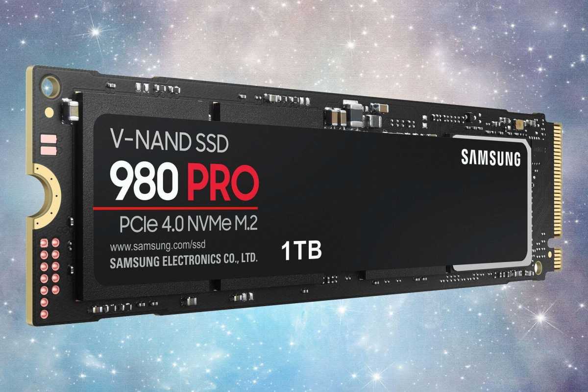 Samsung 980 Pro PCIe 4.0 SSD on a pastel galaxy background