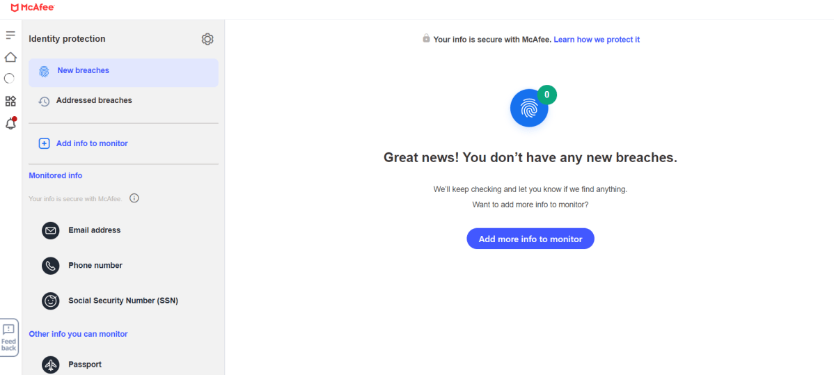 McAfee webpage showing the Identity Protection feature