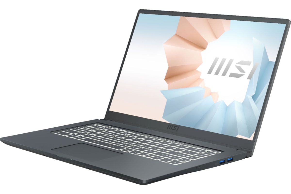 an MSI Modern laptop facing from right