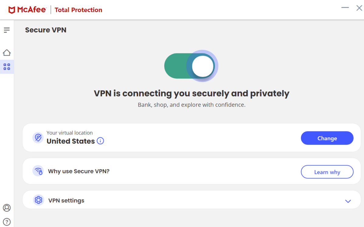 McAfee's VPN interface