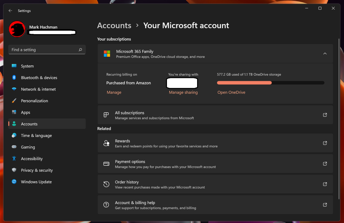 Microsoft account in Windows 11 Settings