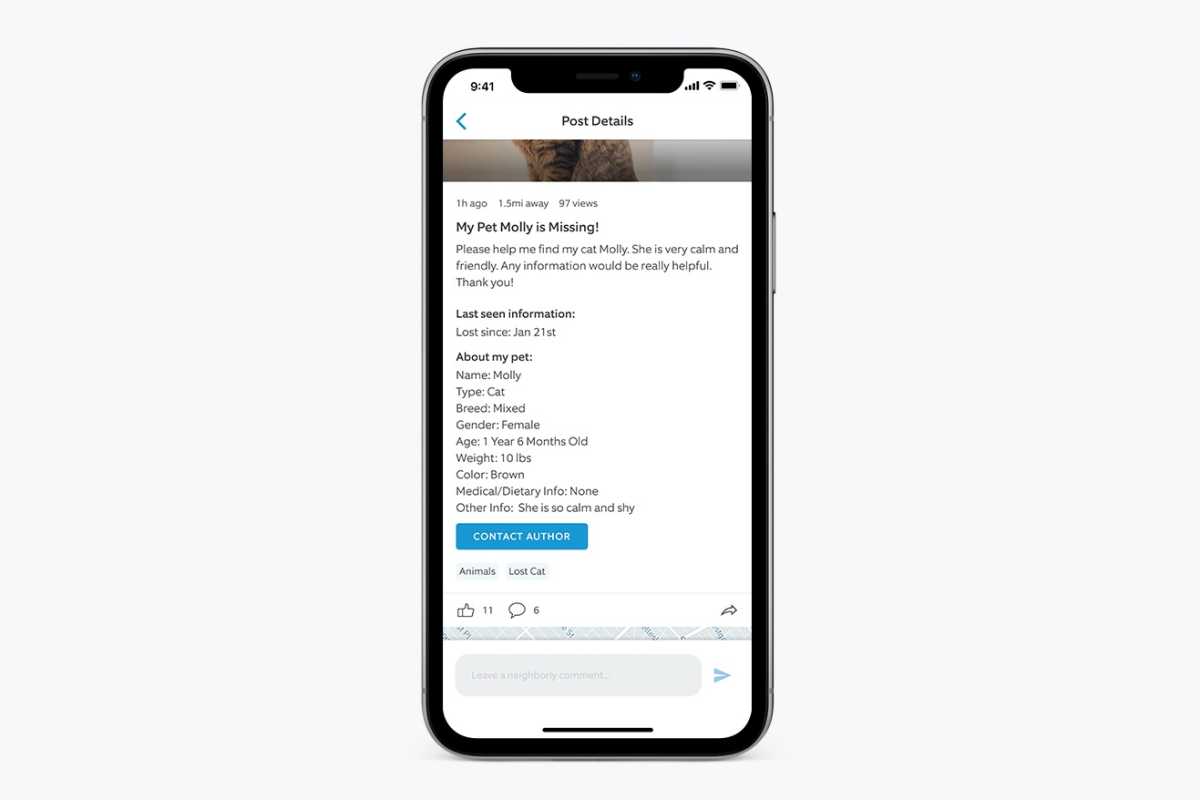 A Lost Pet Post in the Neighbors app.