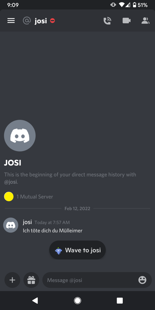 Discord direct message with a deaththreat from a bot account