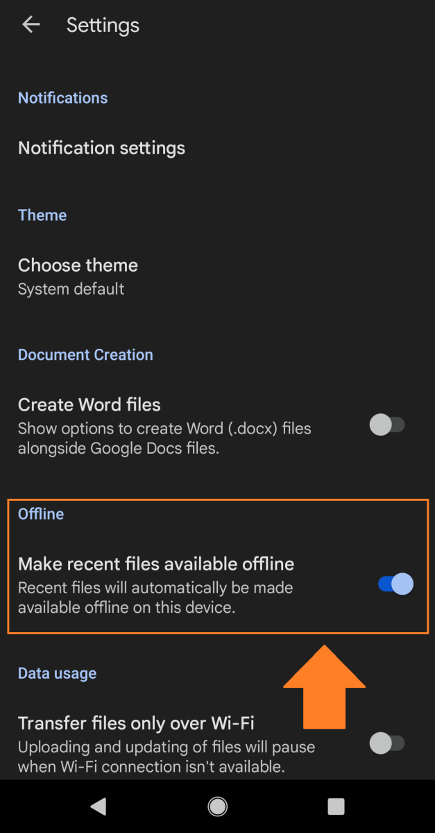 Offline option in Google Docs' settings on Android