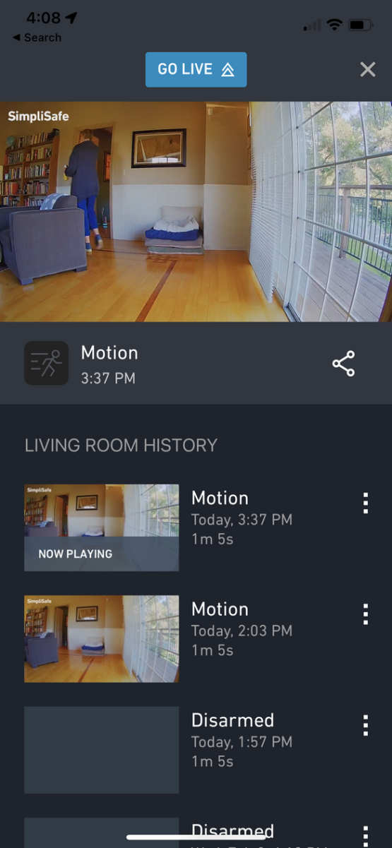 A view from the SimpliSafe Indoor Camera as seen in the app