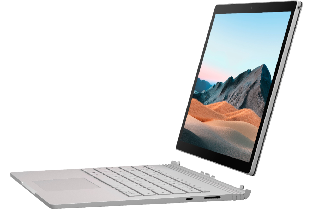 A Surface Book 3 showing the tablet connecting to the keyboard.