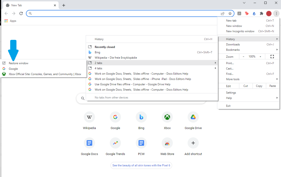 Screenshot of Chrome's recently closed windows and tabs