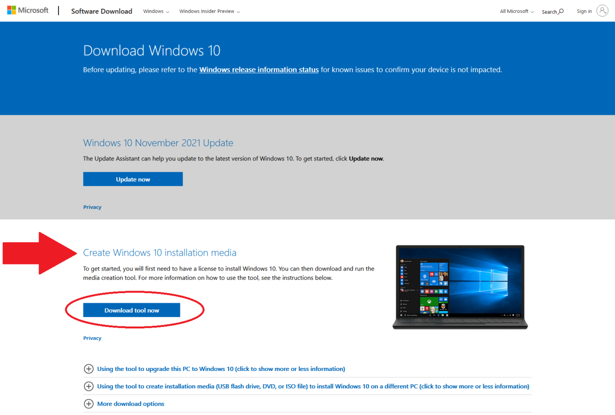 Download Windows 10 webpage with download tool highlighted
