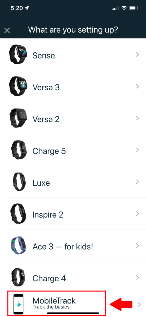 MobileTrack option in the Fitbit app