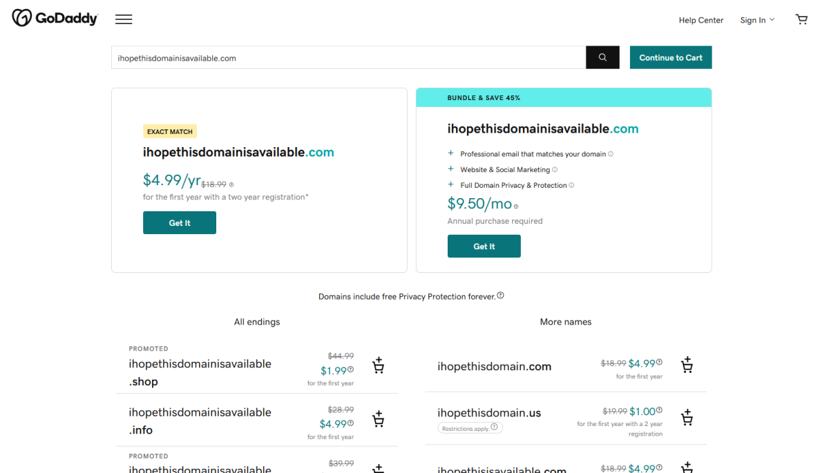 GoDaddy domain registration purchase page (2022)