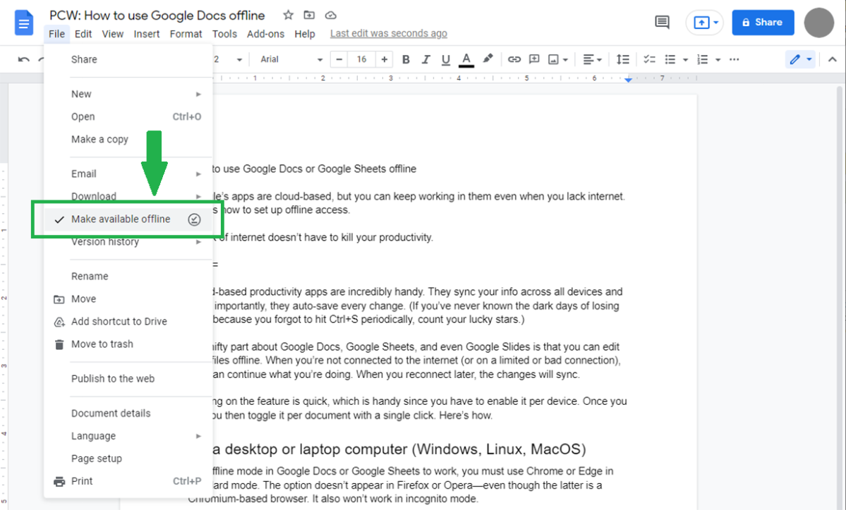 Google Docs offline option in an open file