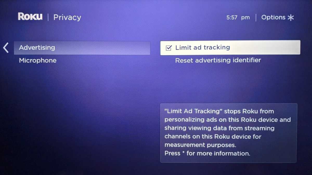 Roku's limit ad tracking setting