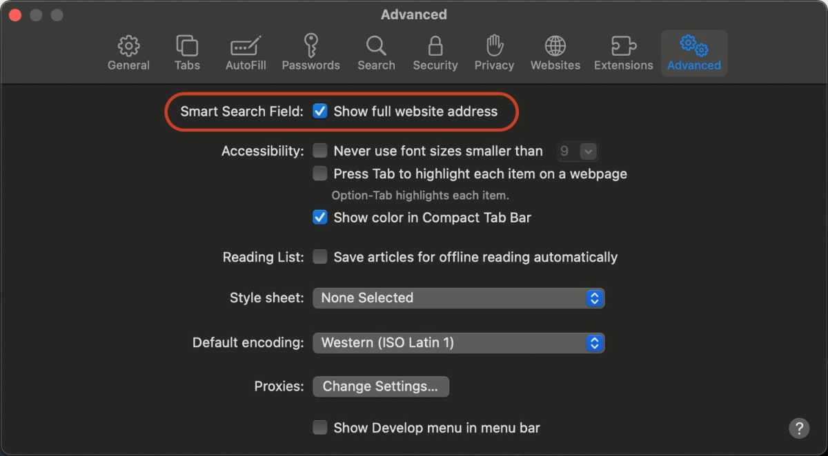 safari show options request