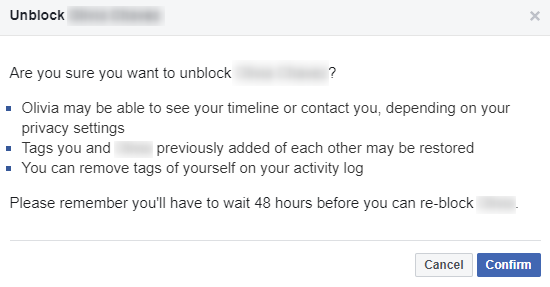 Click to confirm to unblock the user