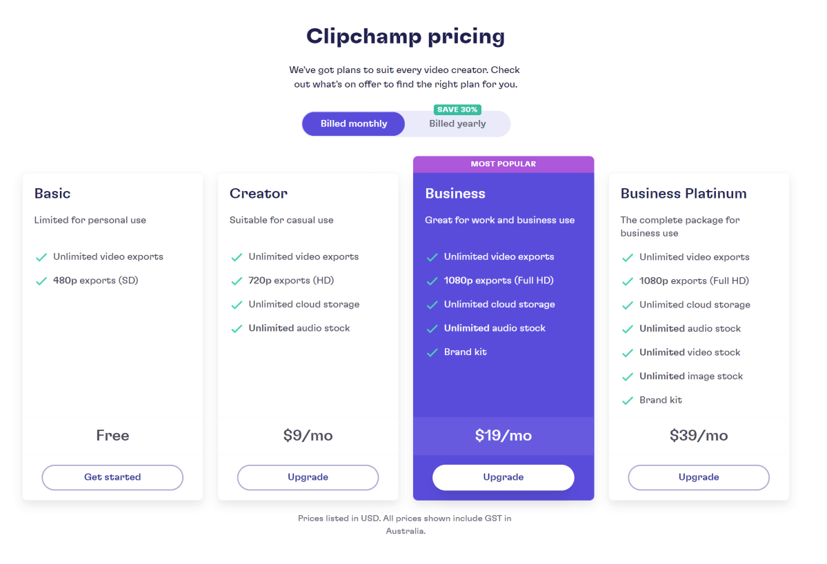 Microsoft Clipchamp pricing