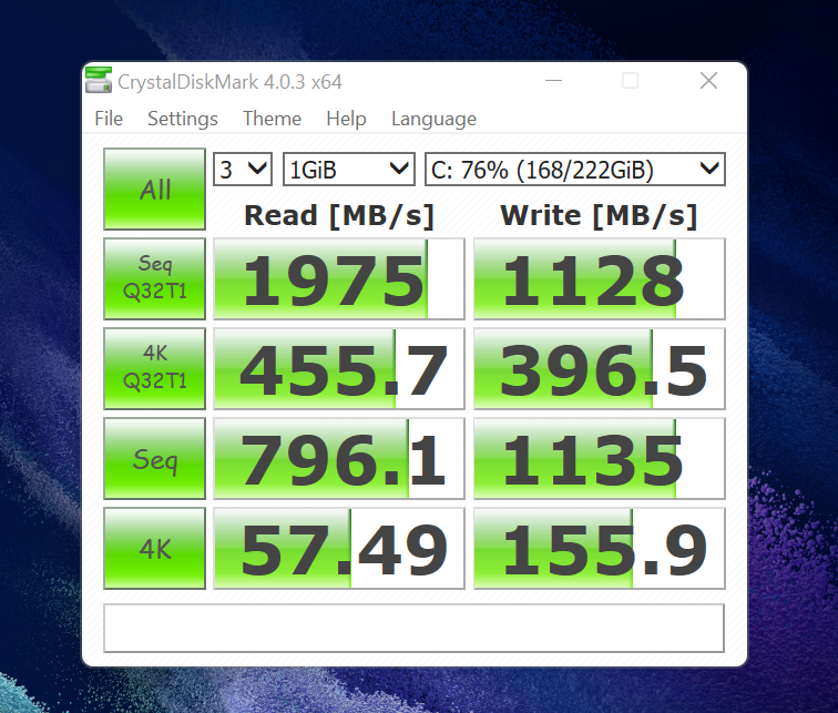 Samsung Galaxy Book Pro 360 5G CrystalDiskMark SSD