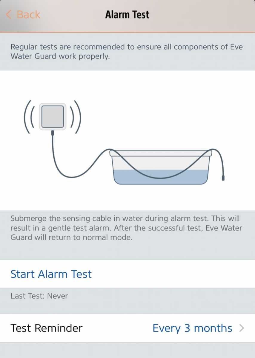 Test d'alarme Eve Water Guard