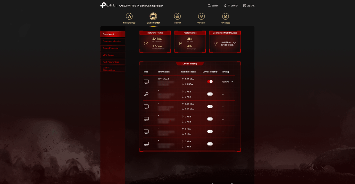 TP-Link GX90 router gaming screen