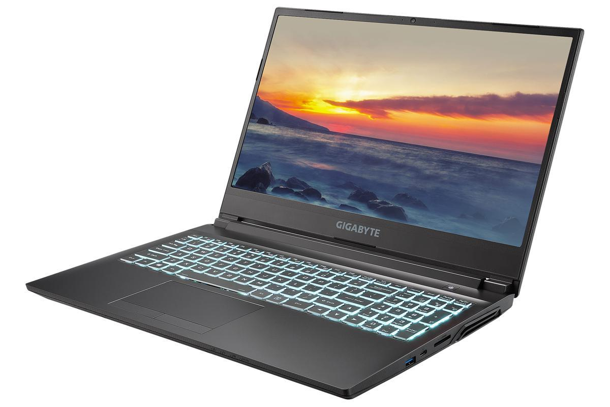 The Gigabyte G5 laptop with a sunset scene on the screen.