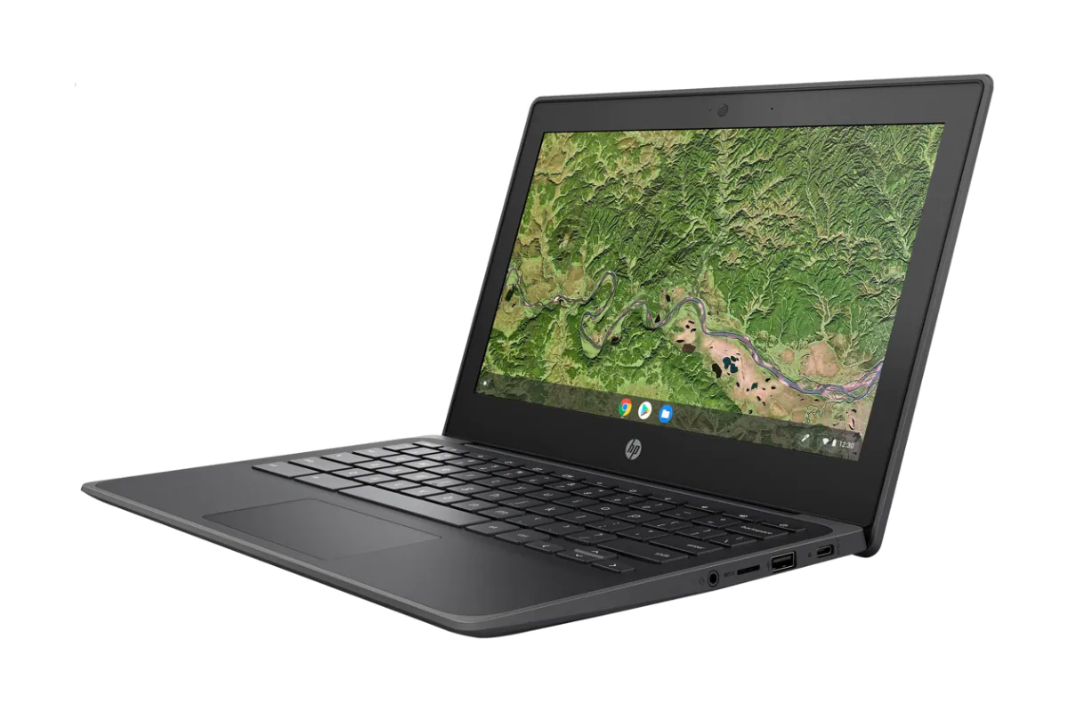 A  black HP Chromebook with a green satellite image as the wallpaper.