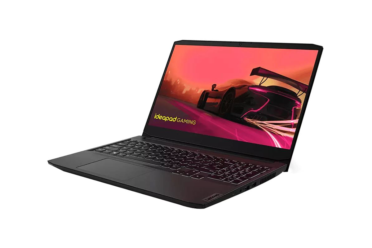 A black IdeaPad gaming laptop facing from right