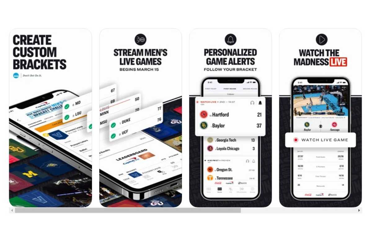 screenshots of the NCAA March Madness app