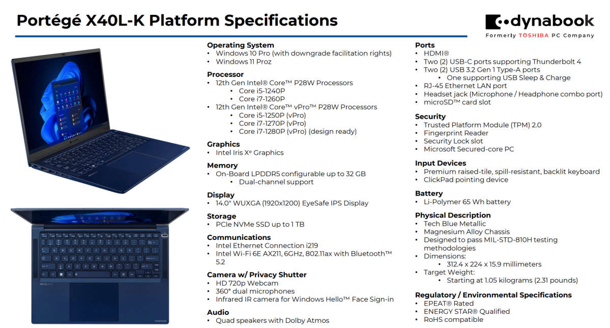 Dynabook Portege X40L-K specifications