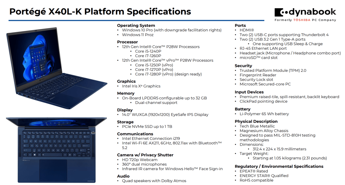 Spécifications du Dynabook Portege X40L-K