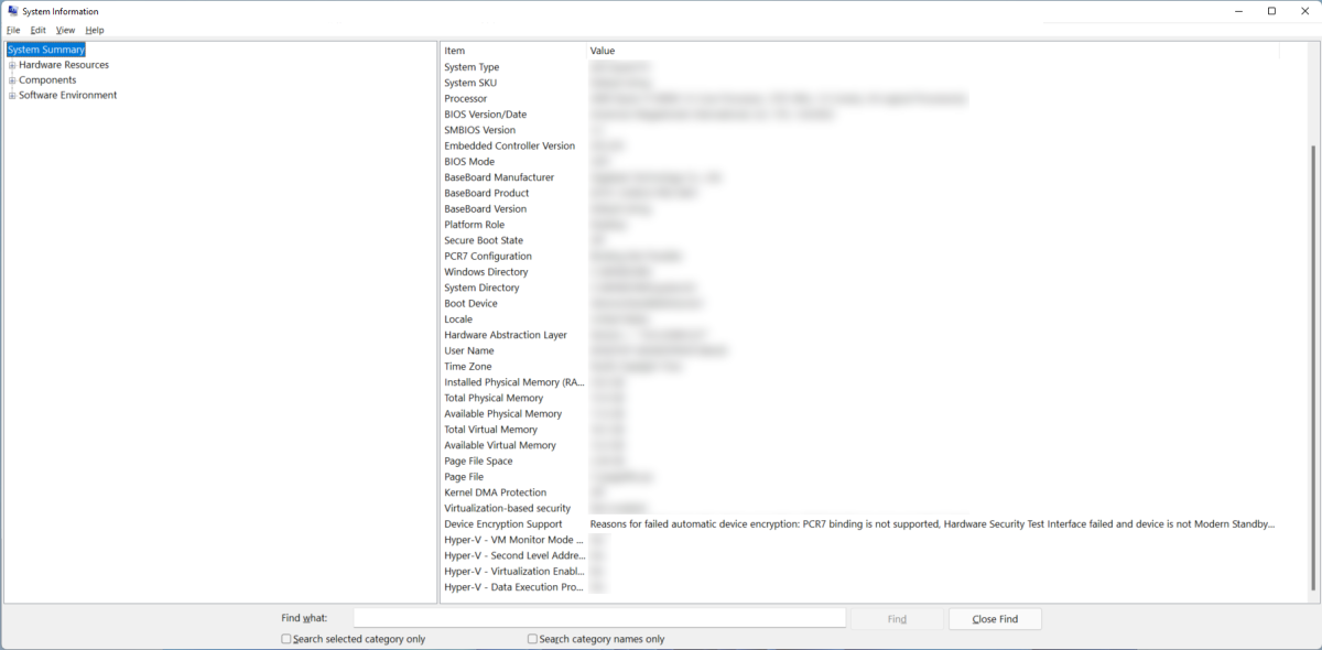 Device Encryption Support info in the System Information app (Windows 11)