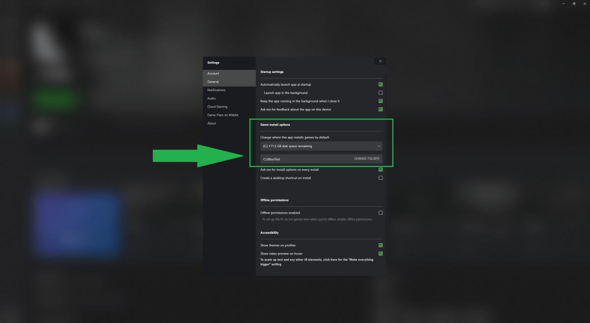 Xbox app showing settings for default installation folder