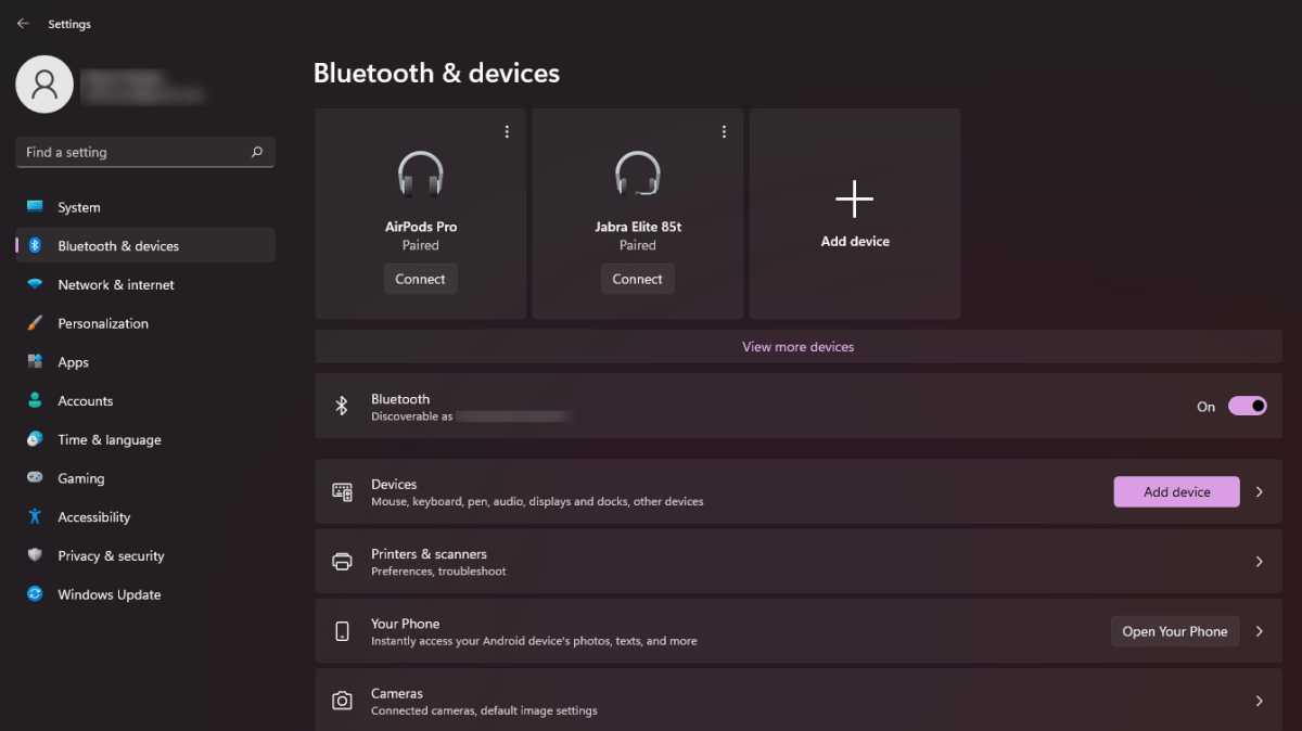 Windows 11 Bluetooth & devices menu (AirPod Pro, Jabra Elite 85t paired)