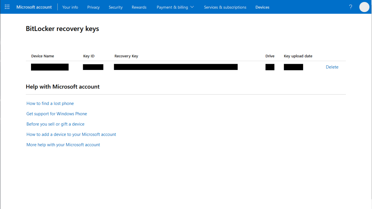 List of BitLocker recovery keys in your Microsoft account