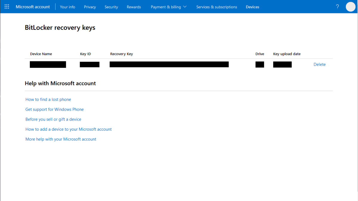 BitLocker recovery keys list in a Microsoft account