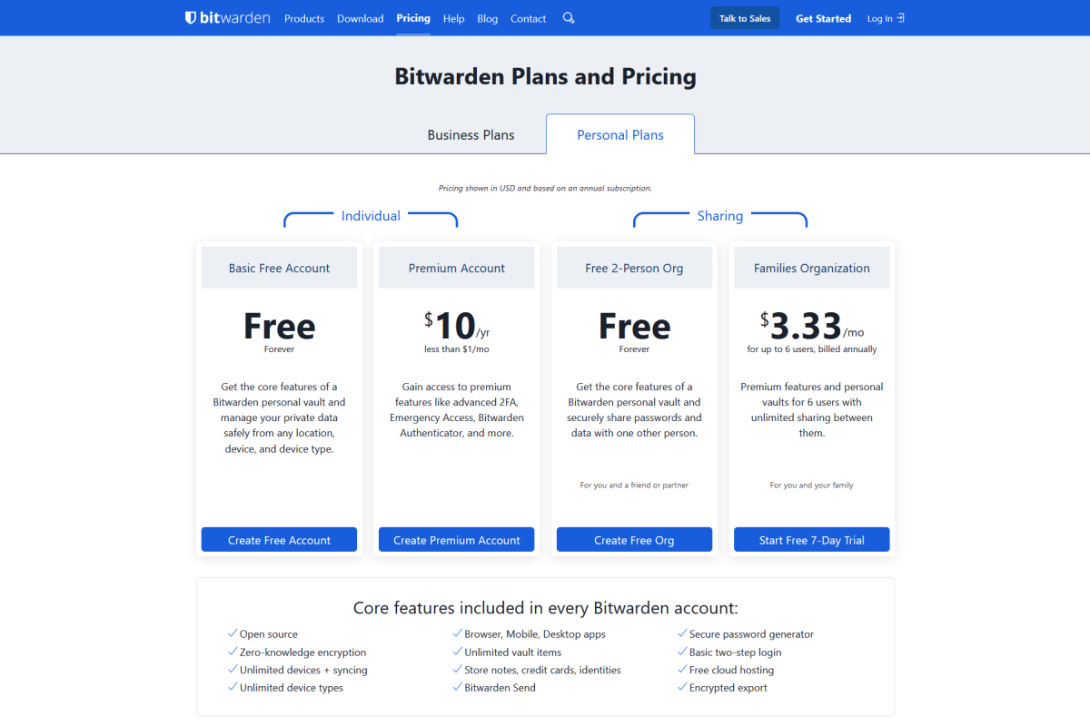 Bitwarden plans and pricing (2022)