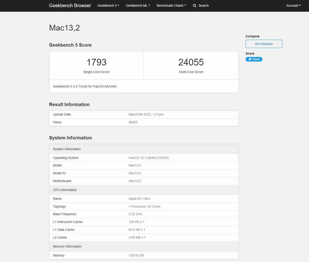 Geekbench 5  leaked score for Apple M1 Ultra