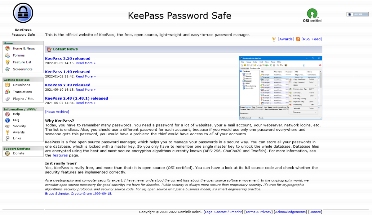 KeePass home page (2022)
