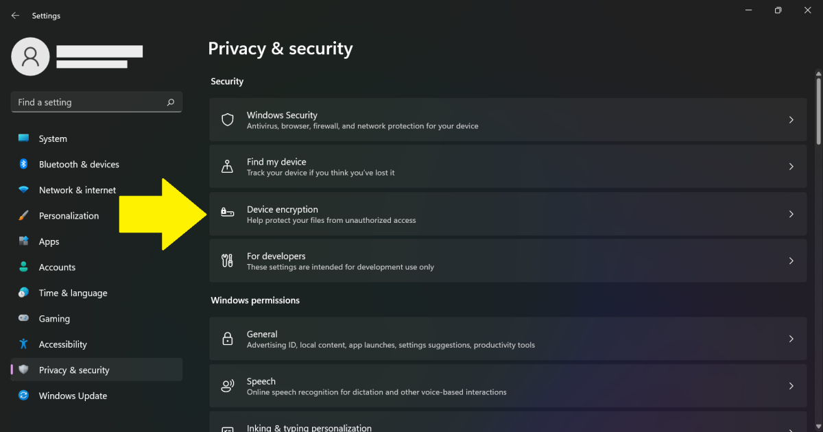 Windows 11 Device encryption settings