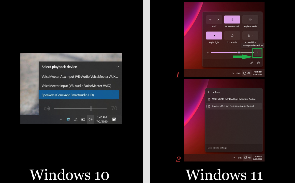 Playback device selection in the Windows taskbar for Win 10 and Win 11