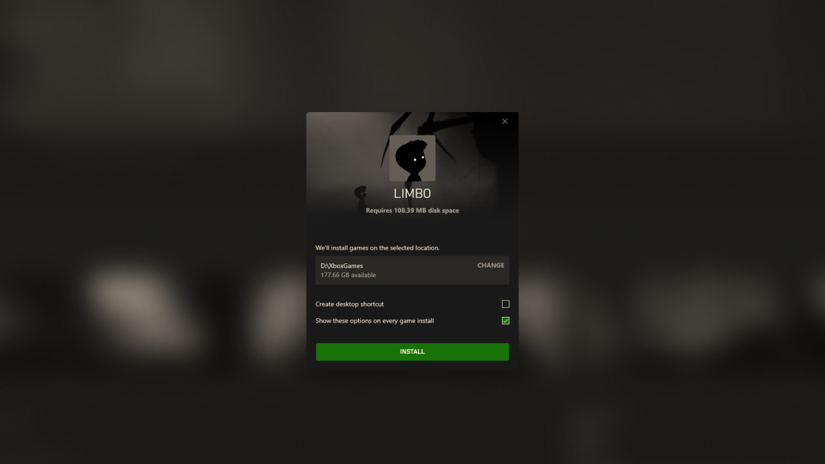 Xbox app showing installation options for a game (Limbo)