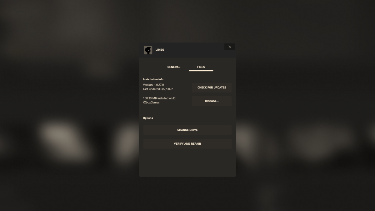 Xbox app showing file management options for a game (Limbo)