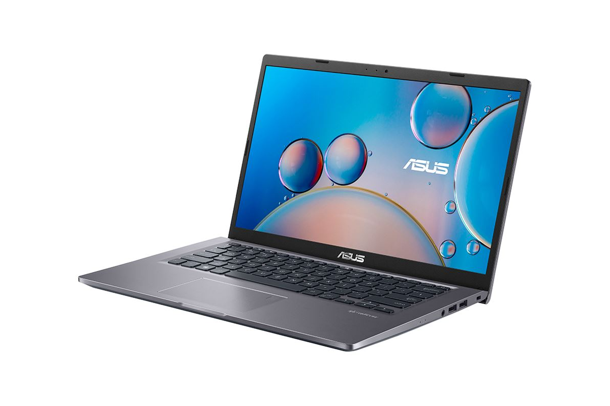A gray Asus VivoBook facing from right with an image of bubbles on the screen and the Asus logo.