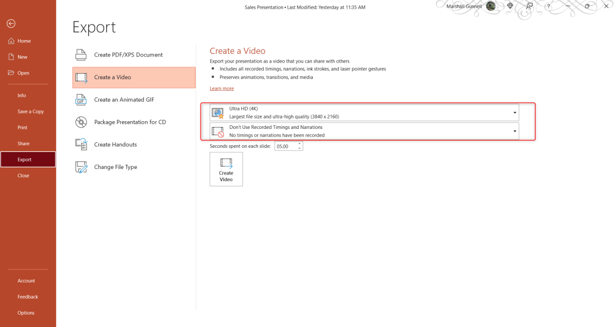 make a powerpoint presentation video Choose video quality