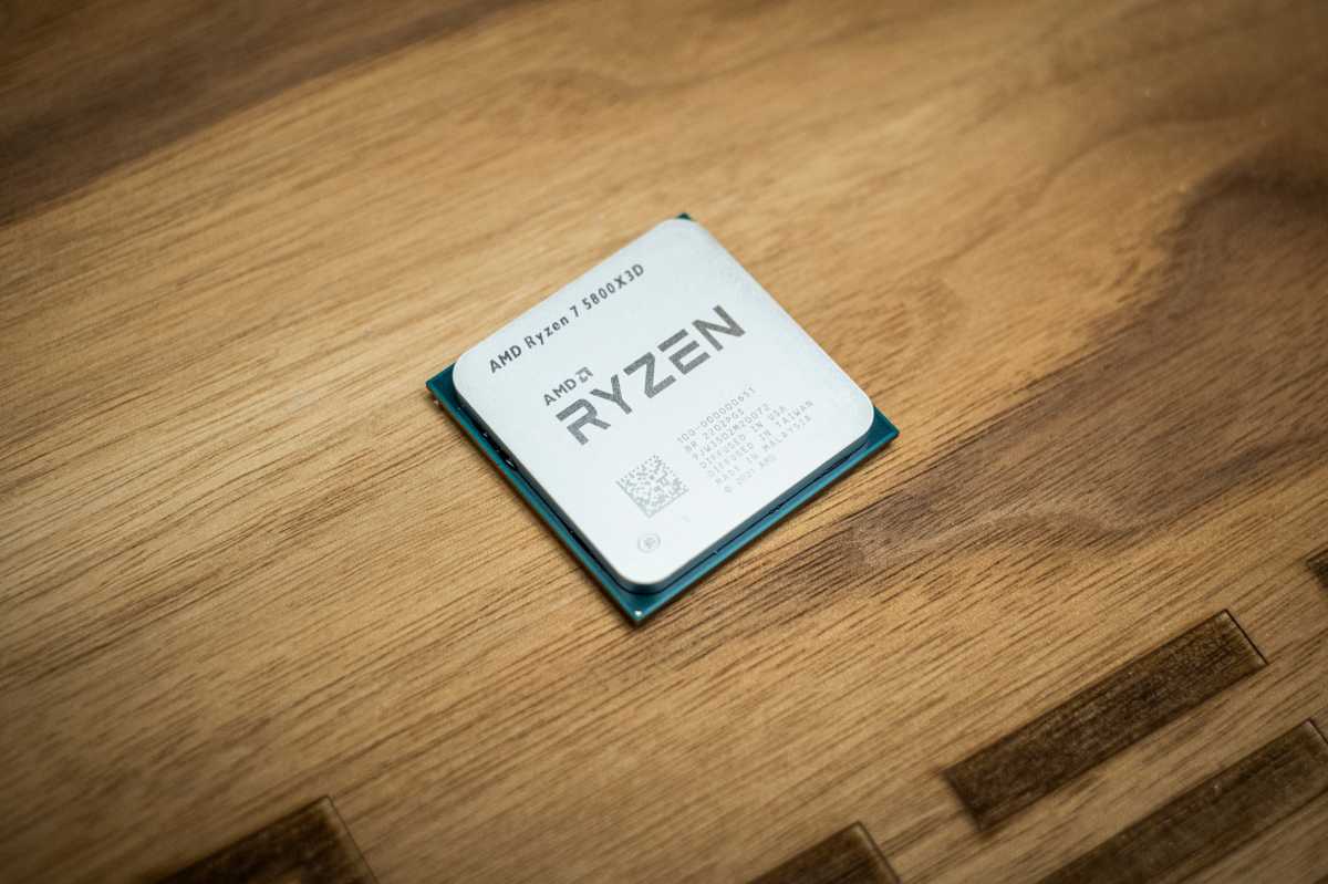 The Ryzen 7 5800X3D lying on a wooden box